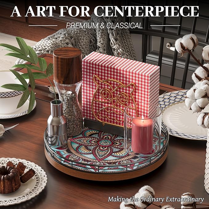 Oak Bohemia Lazy Susan 10.2" Turntable Organizer for Table Top with Ceramic 3D Boho Texture, Round Wooden Lazy Susan for Dining Table Decor, Kitchen, Countertop, Home Decor, Walnut Wood, Farmhouse