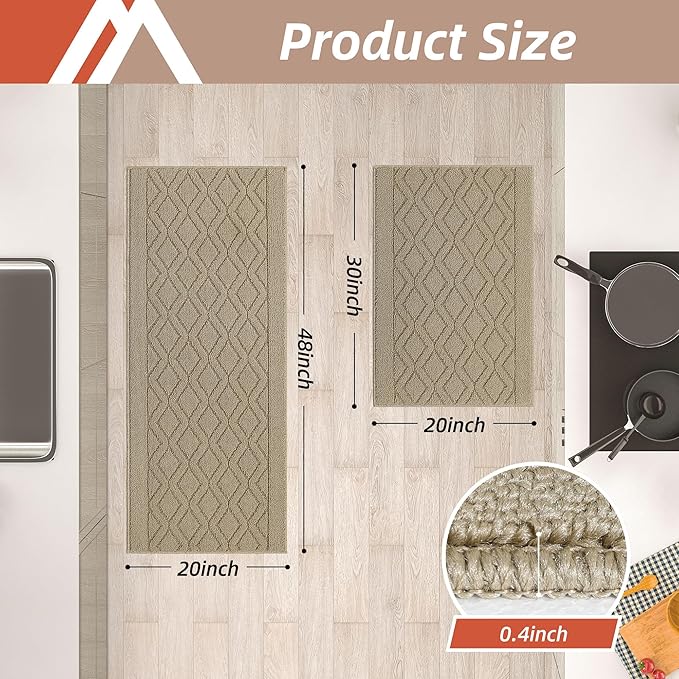 COSY HOMEER 48x20 Inch/30X20 Inch Kitchen Rug Mats Made of 100% Polypropylene 2 Pieces Soft Kitchen Mat Specialized in Anti Slippery and Machine Washable for Home Kitchen,Beige