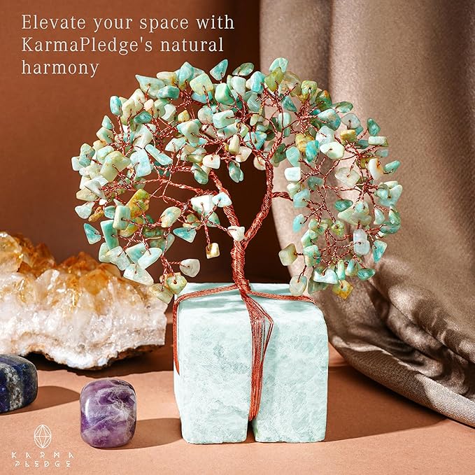 Crystal Tree for Birthday Gifts for Women, Handmade Raw Crystal Base Amazonite Chakra Healing Crystal Tree of Life for Positive Energy, Money, Good Luck, Christmas Décor, Home and Office Decor