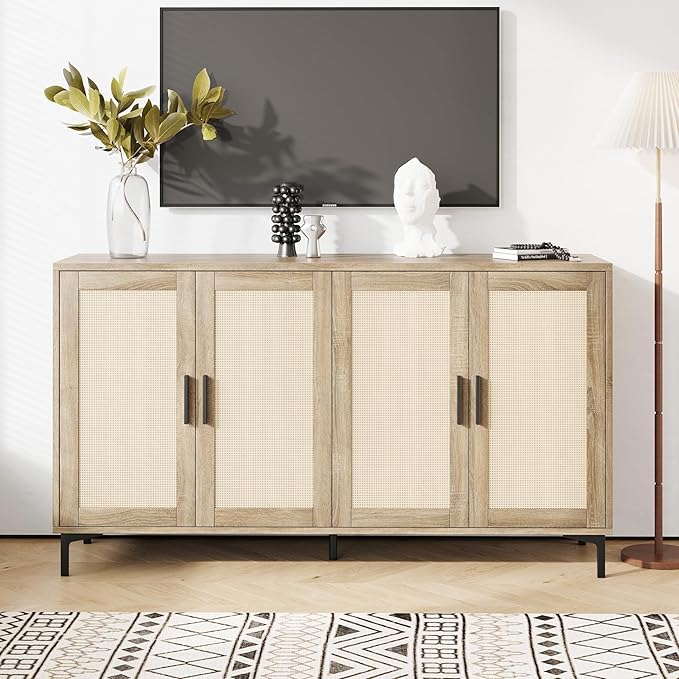 Sideboard - Kitchen Buffet Cabinet with Rattan Decorated Doors, Accent Cabinets with Doors, Coffee Bar Cabinets Rattan Sideboard Buffet Cabinet with Storage (Natural with 4 Doors)