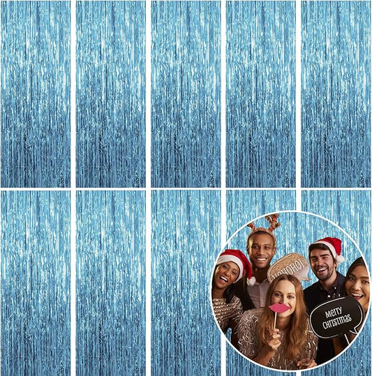 10 Pack Foil Curtain Backdrop Blue Metallic Tinsel Foil Fringe Curtains Photo Booth Props for Birthday Wedding Engagement Baby Shower Bachelorette Christmas Holiday Celebration Party Decorations
