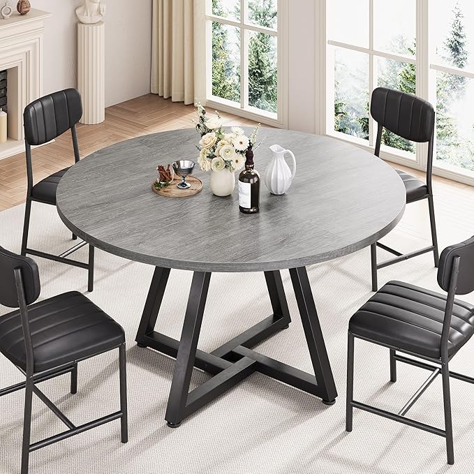 51“ Round Kitchen Dining Room Table for 6-8, Circle Dining Dinner Table with Pedestal Metal Frame, Space Saving Wood Industrial Furniture for Small Space (Grey, 51In)