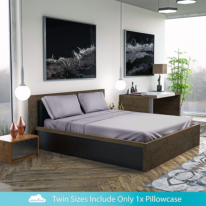 DREAMCARE Twin Sheets Set – 3pcs Cooling Sheets – up to 15” Deep Pocket Twin Sheet Set – Hotel Luxury Sheets & Pillowcases – Superior Softness 100% Fine Microfiber with Side Pocket – Light Gray