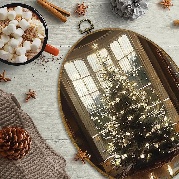 CUANFDDSF Vintage Christmas Tree Oval Wall Art Decor, Magical Cottagecore Winter Xmas Tree Holiday Wall Hanging Decor, Cozy Christmas Framed Canvas Prints for Home Bedroom Living Room, 8.6x11.4 Inch