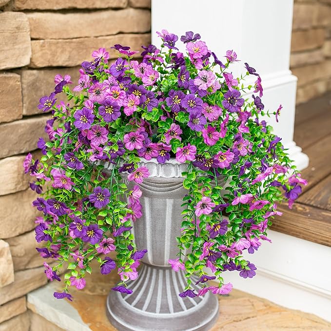 HyeFlora Artificial Flowers for Outdoors Decoration, 2Pcs Dark Purple and Purple Fake Hanging Flowers, UV & Fading Resistant, Faux Decor for Porch Patio Balcony Planter