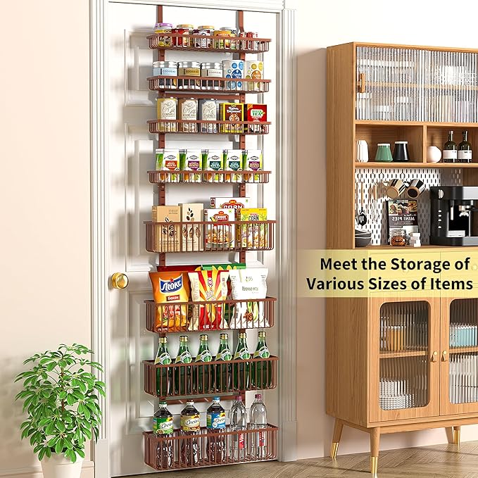 Moforoco Over The Door Pantry Organizer, Pantry Door Organizer Shelves, Kitchen Organizers and Storage, Hanging Basket Wall Spice Rack Seasoning Shelves, Laundry Room Bathroom accessories(Brown )