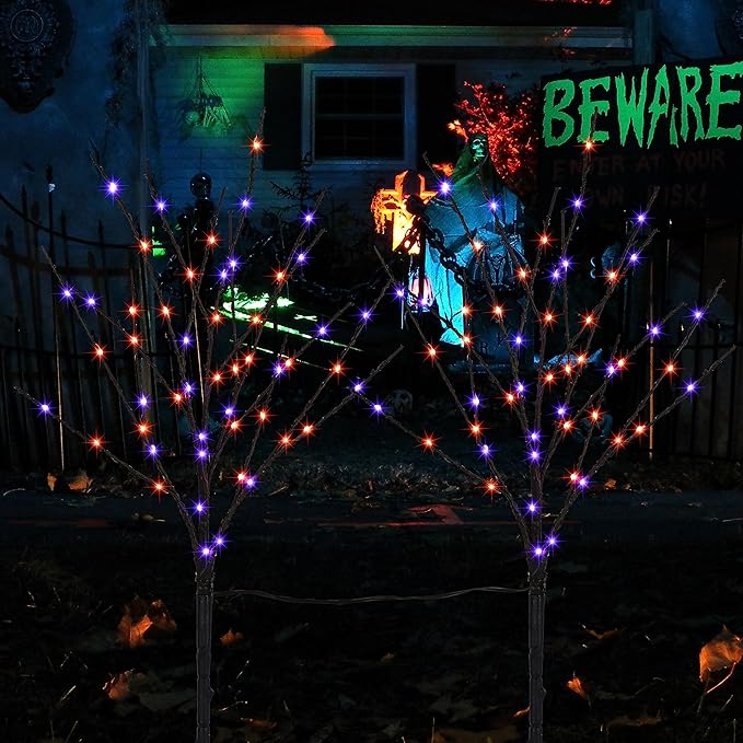 Lighted Halloween Tree Branches, 30IN 100LED Artificial Black Twig Branch with Purple&Orange Fairy Lights, Built-in Timer & Battery Operated, Waterproof for Outdoor Pathway Lawn Garden Decorations