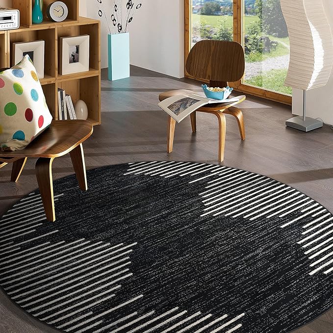 Rugshop Bohemian Stripe Stain Resistant High Traffic Living Room Kitchen Bedroom Dining Home Office Round Area Rug 6' Round Black