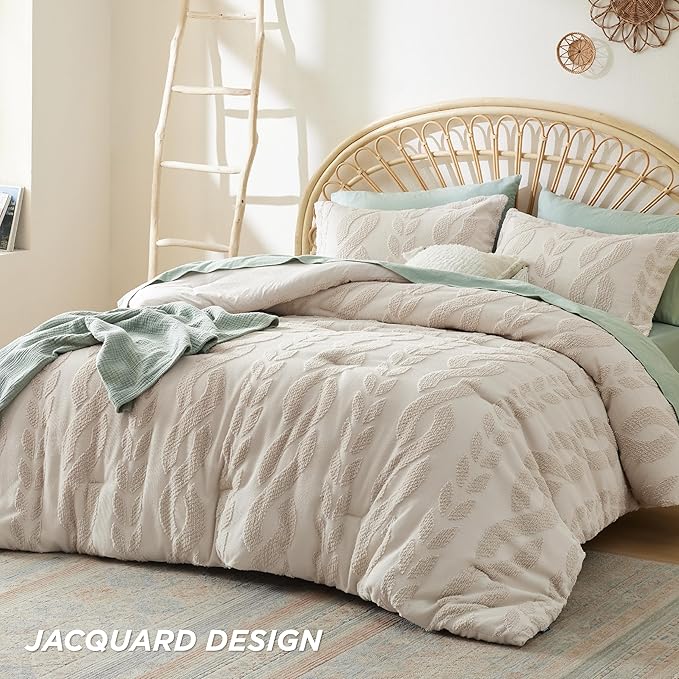 Bedsure King Size Comforter Set Beige, Boho Tufted Bed Set, Farmhouse Jacquard Cable Knit Pattern Bedding, 3 Pieces, 1 Shabby Chic Fluffy Comforter & 2 Pillow Shams