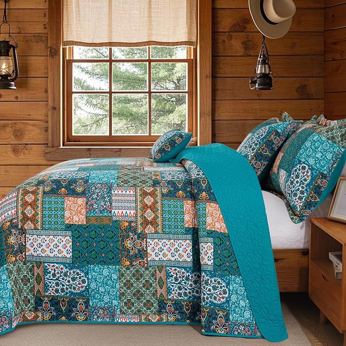 VAPUTAR Cotton Quilt Queen Size Bedding Set - 3 Pieces Farmhouse Queen Size Quilts for Bed, Lightweight Vintage Coverlets Bedspreads for Bedroom