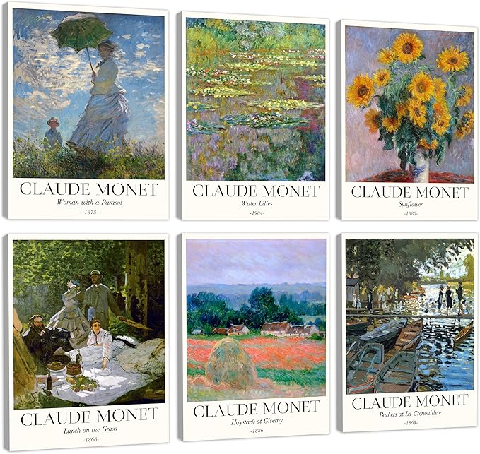 COSCTOR Set of 6 Claude Monet Wall Art Decor Canvas Vintage Famous Artist Retro Landscape Colorful Posters and Prints for Living Room Bathroom Bedroom Hallway Kitchen (Framed, 9x12)