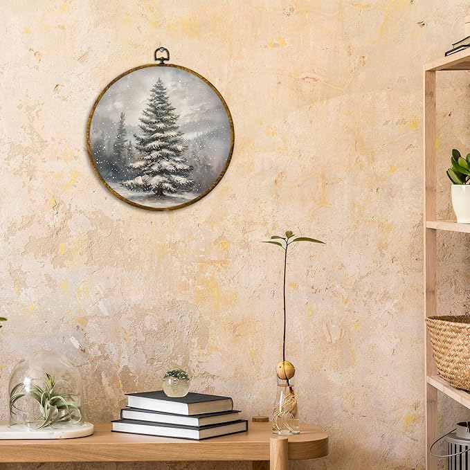 CUANFDDSF Christmas Winter Tree Round Wall Art Decor, Rustic Snowy Forest Pine Tree Landscape Wall Hanging Frame Decor, Cozy Winter Canvas Prints Decorations for Home Bedroom Living Room, 10x10 Inch