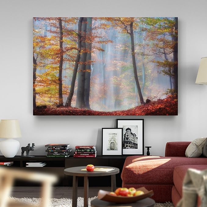 Renditions Gallery Canvas Nature Wall Art for Home Misty Orange Autumn Trees Forest Hanging Prints for Living Room Office Kitchen Decor - 18"X27" LT08