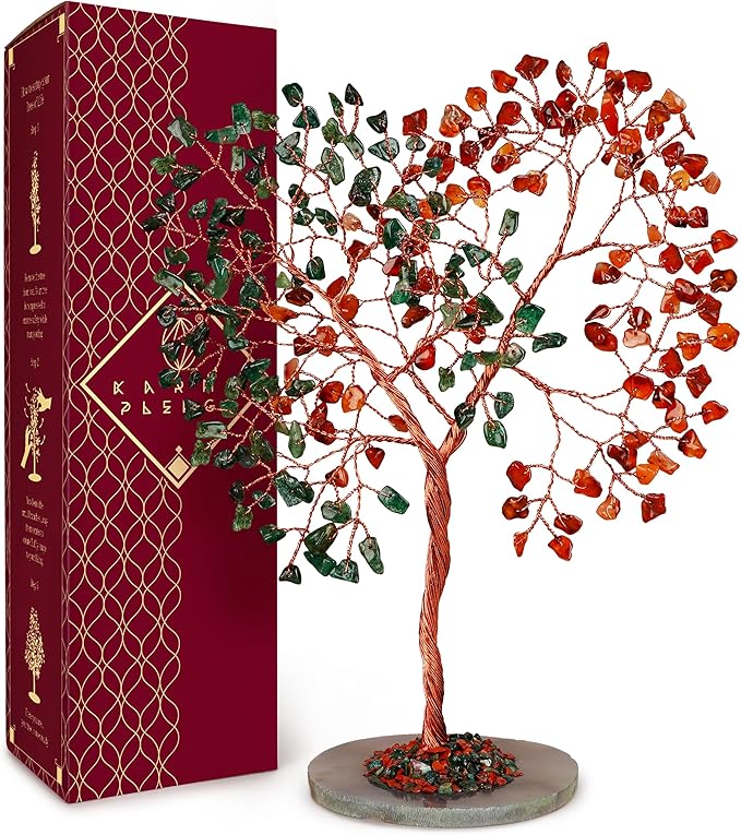 Crystal Tree for Home and Office Decoration, Carnelian & Green Aventurine Healing Stones Handmade Tree of Life for Positive Energy, Money, Good Luck, Christmas Decor, Birthday Gifts for Women, Mom