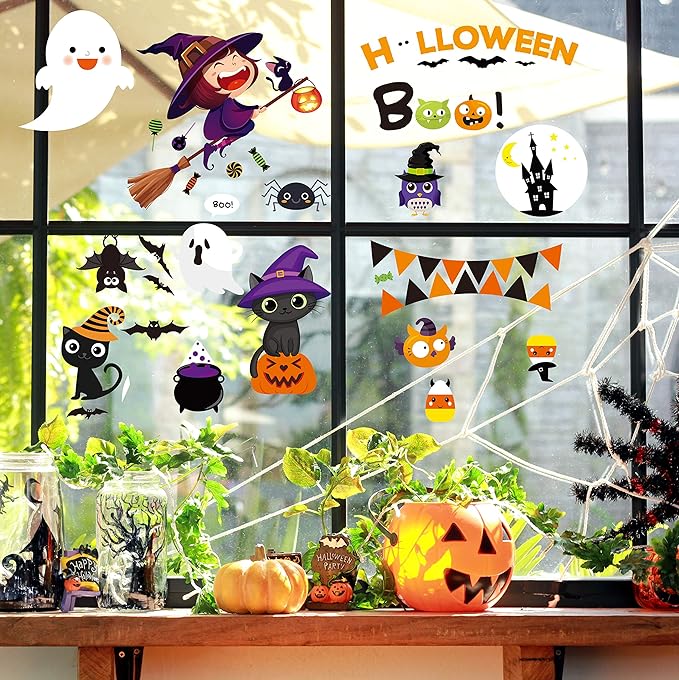 MISS FANTASY Halloween Window Clings - Halloween Window Decorations Stickers Decals Decor Cute Pumpkin Ghost Decor for Room Bathroom Kitchen