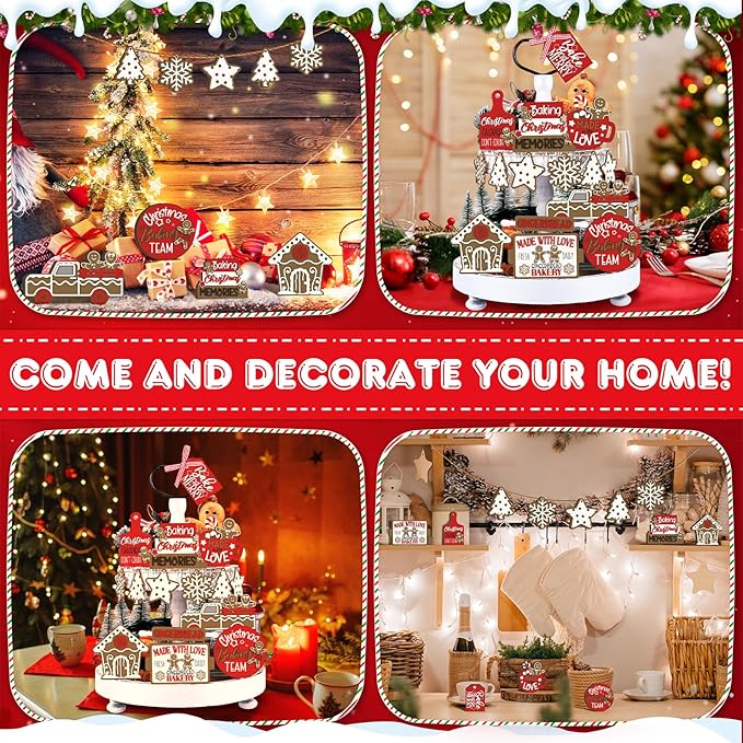 17 Pcs Christmas Tiered Tray Decor Set Winter Tiered Tray Decorations Farmhouse Tabletop Centerpiece Christmas Wooden 3D Sign for Xmas Home Buffalo Plaid Rustic Table Decoration(Lively)