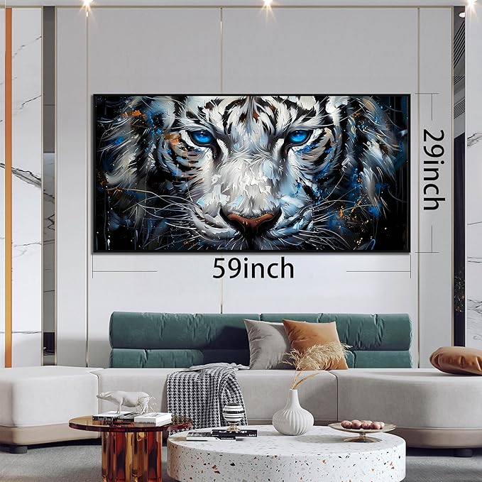 ZHAOSHOP White Tiger Art Wall Decor for Living Room - Black and White Office Decor for Men - Black Framed Canvas Wall Art Size 29" x 59"