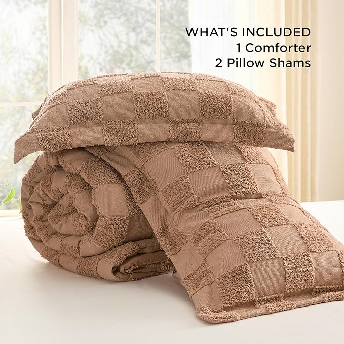Bedsure King Size Comforter Set Taupe, Boho Tufted Bed Set, Checkered Farmhouse Shabby Chic Bedding, 3 Pieces, 1 Plaid Geometric Comforter and 2 Pillow Shams