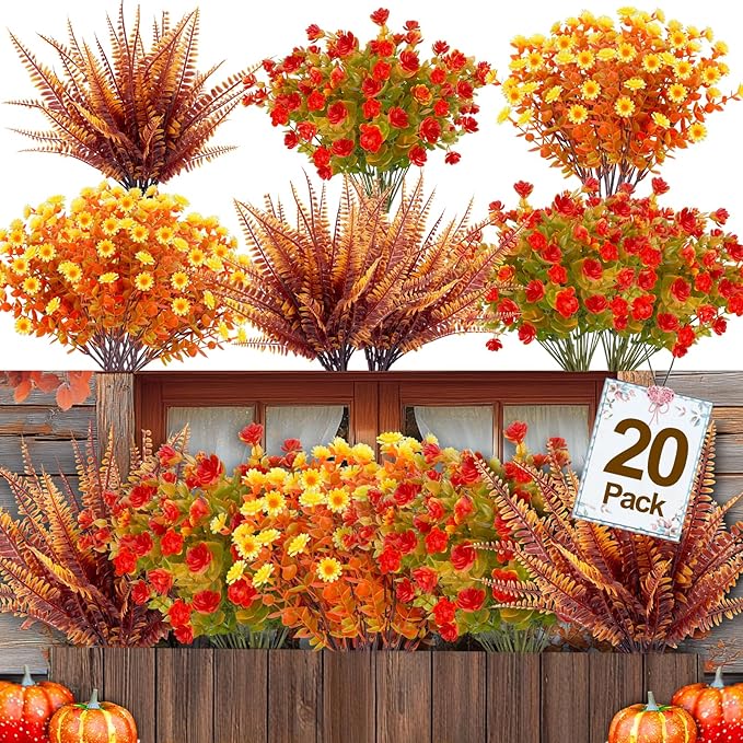 20 Bundles Artificial Fall Flowers for Outdoors Fall Decorations - UV Resistant Fake Mums Faux Fall Plants Plastic Flowers for Gardens Porch Fireplace Patio Home Indoor Autumn Thanksgiving Fall Decor