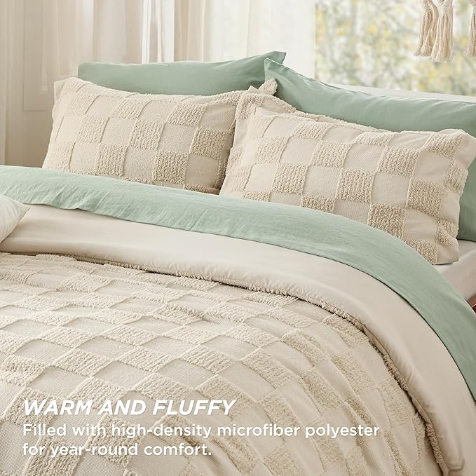 Bedsure King Size Comforter Set Beige, Boho Tufted Bed Set, Checkered Farmhouse Shabby Chic Bedding, 3 Pieces, 1 Plaid Geometric Comforter and 2 Pillow Shams