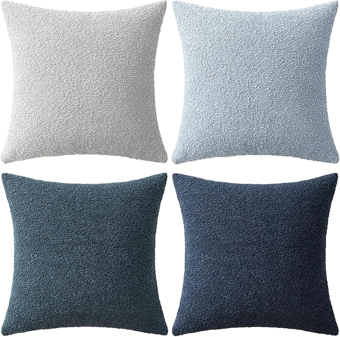 MIULEE Pack of 4 Decorative Textured Boucle Throw Pillow Covers 18x18 Inch Neutral Blue Accent Solid Pillow Cases Couch Cushion Covers for Modern Farmhouse Boho Chair Sofa Bed Livingroom Home Decor