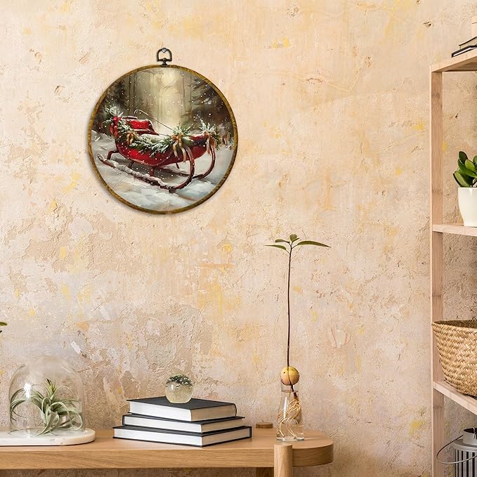 CUANFDDSF Vintage Christmas Sleigh Round Wall Art Decor, Rustic Farmhouse Winter Xmas Sleigh Holiday Wall Hanging Frame Decor, Cozy Christmas Canvas Prints Decorations for Home Bedroom, 10x10 Inch