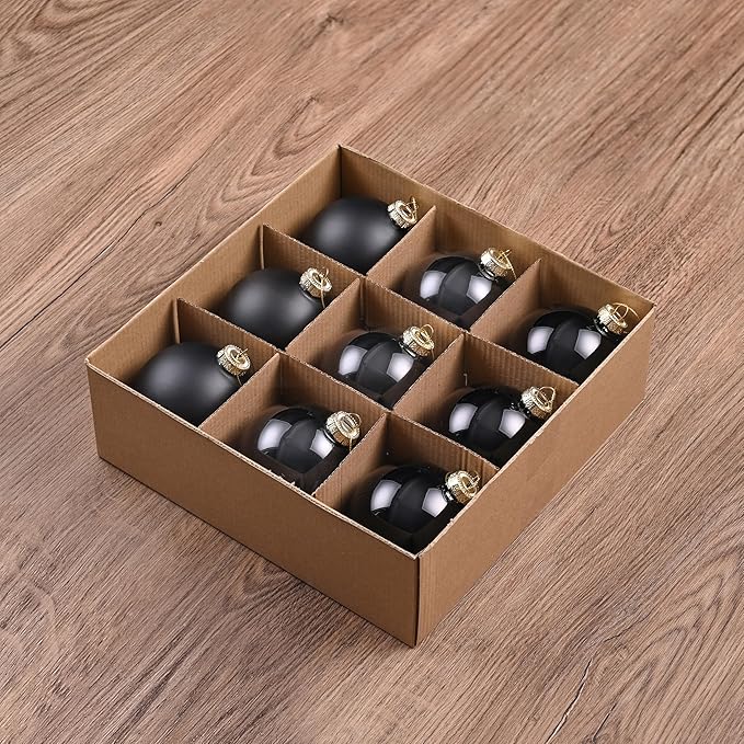 Black Ornaments for Christmas Tree Decoration, 3.15’’ Glass Ball Ornaments, Hanging Baubles Set of 9 with 3 Different Finishes, Plain Xmas Balls for Home Decor, Thanksgiving Party Gift