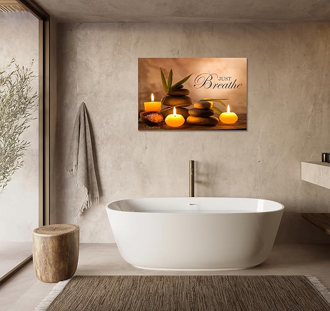 YIOZHAOFH Zen Wall Decor Just Breathe Motivational Bathroom Wall Art Yoga Room Poster for Women Spa Picture Painting Spiritual Artwork Framed for Living Room Ready to Hang (12L x 16W)