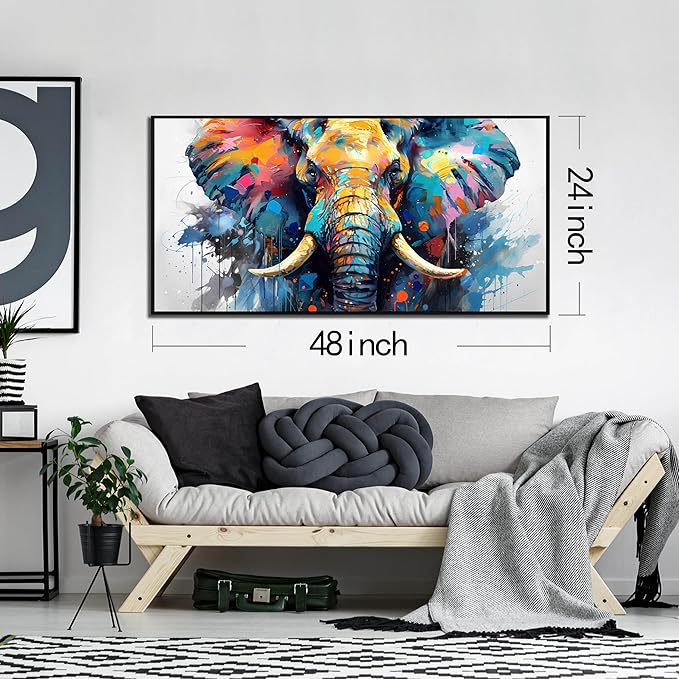 ZHAOSHOP Elephant Wall Art for Living Room - Blue Canvas Wall Art for Office - Teen Bedroom Decor Boys with Black Framed Size 24" x 48"