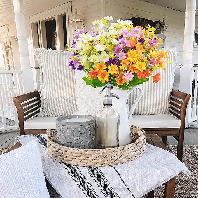 Uieke 6PCS Artificial Daisy Mums Flowers Outdoor UV Resistant Fake Silk Flowers No Fade for Outside Home DIY Garden Porch Window Box Décor (Orange Yellow. White, Purple)