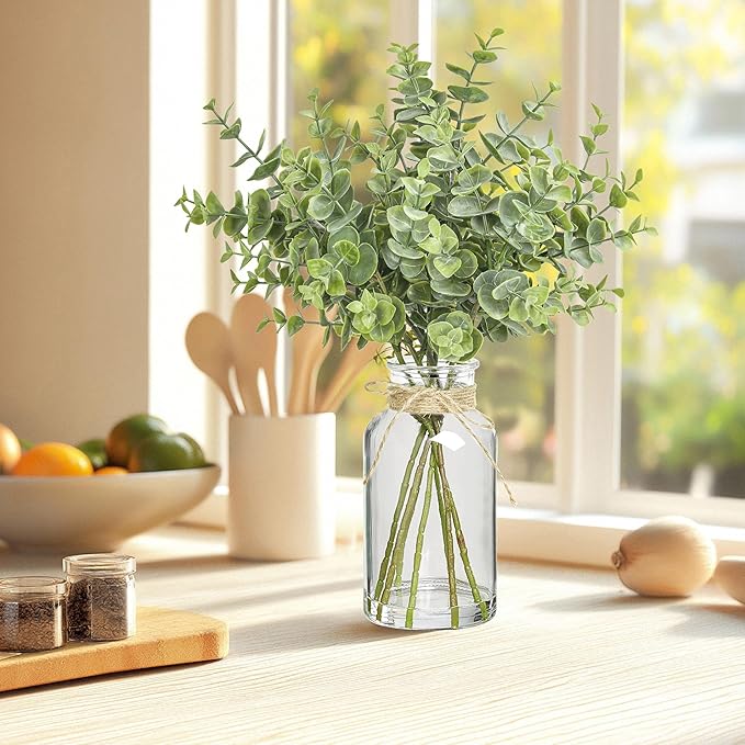 12" Artificial Eucalyptus Stems in Glass Vase with Faux Water, Realistic Eucalyptus Leaves Fake Plant Branch Greenery Decoration for Home Farmhouse Bathroom Kitchen Wedding Centerpiece Table Décor