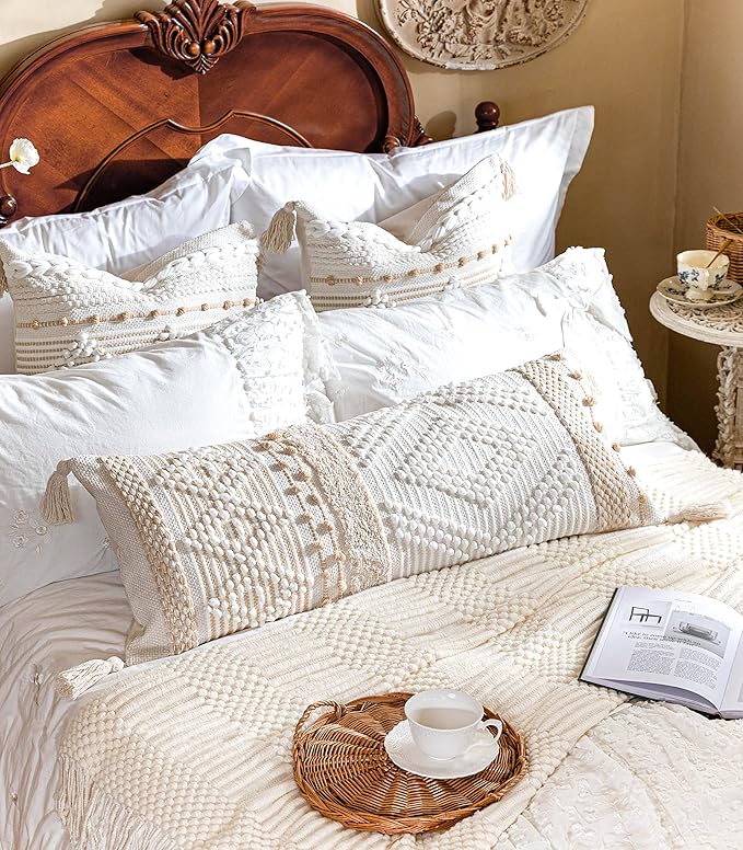 Cream Decorative Lumbar Throw Pillow Cover 14x36 Boho Long Cushion for Bed Neutral Beige White Accent Modern Farmhouse Pillowcase for Bedroom Living Room Couch Sofa Home Décor Cover ONLY