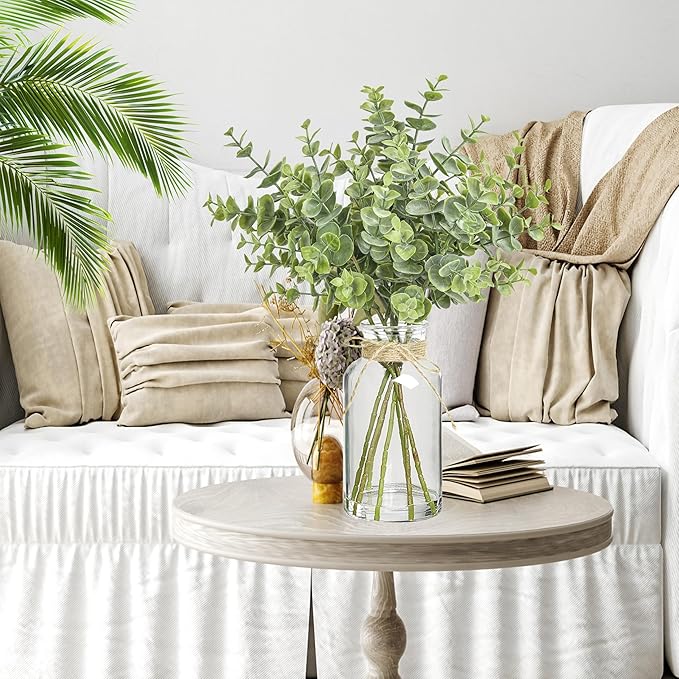 12" Artificial Eucalyptus Stems in Glass Vase with Faux Water, Realistic Eucalyptus Leaves Fake Plant Branch Greenery Decoration for Home Farmhouse Bathroom Kitchen Wedding Centerpiece Table Décor