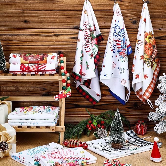 12 Pcs Seasonal Kitchen Towels Set for All Holidays Hand Dish Tea Towels Fall Halloween Christmas Cute Drying Dishcloths Decorative Absorbent Wash Cloths(Flower Style)