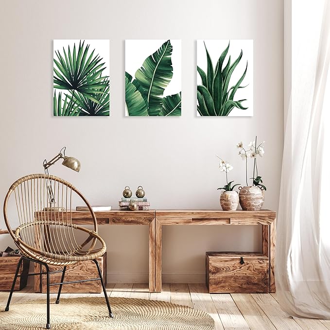 COSCTOR Botanical Wall Art Set of 3 Bathroom Green Plant Tropical leaf Picture Framed Prints for Home Living Room Bedroom Restroom Decoration(Framed,16x24)