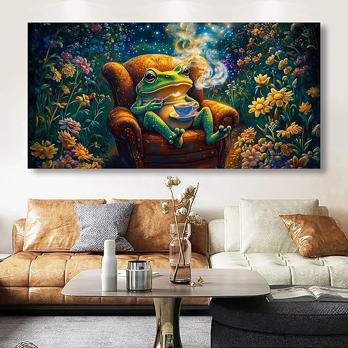Garden Frog Sipping Tea Picture Print Canvas Wall Art Living Room Office Bedroom Wall Decoration Fantasy Wall Art Prints Modern Green Blue Landscape Artwork Waterproof Ready to Hang - 20x40 inches