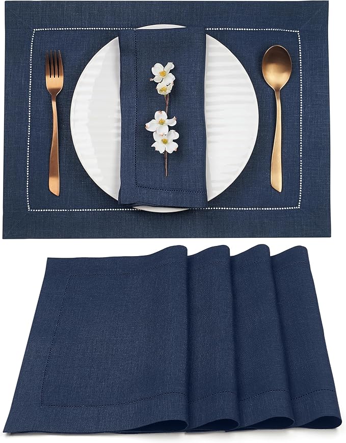 D'Moksha Homes Linen Placemats Set of 4 - Classic Hemstitch Navy Blue Placemats 14 x 19 Inch - 100% Pure Linen Table Mats for Fall, Autumn and Halloween - Handcrafted and Machine Washable