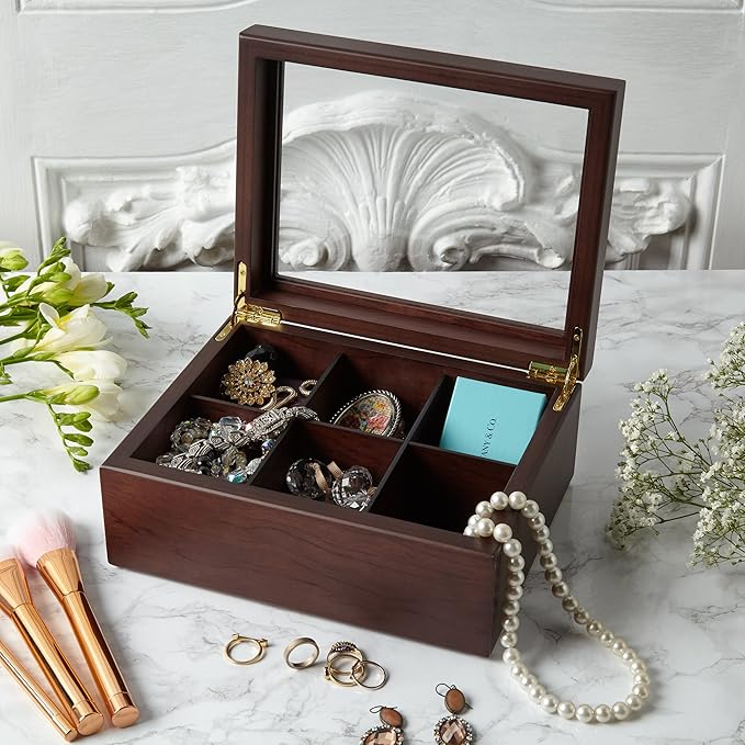 Tea Box - Luxury Wooden Tea Bag Organizer from The Apace Premier Collection - 6 Compartment Tea Storage Chest Container - Elegantly Handmade w/Scratch Resistant Window