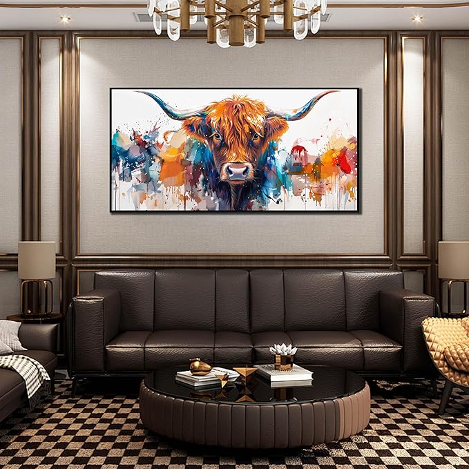 ZHAOSHOP Highland Cow Pictures Wall Decor for Living Room - Graffiti Wall Art for Office - Framed Canvas Wall Art for Bedroom Size 29" x 59"