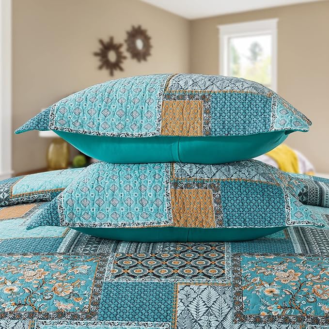 VAPUTAR King Size Quilt Bedding Set - Soft Cotton King Size Bedspreads (98 * 106 in) - Lightweight Patchwork Floral Quilts for Farmhouse Bedroom (Teal/Green Chic, 3 Pieces)