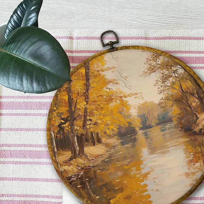 Mcehtle Vintage Fall Wall Art Decor, Rustic Nature Autumn Tree Landscape Framed Canvas Prints 10x10, Farmhouse Fall Seasonal Round Wall Hanging Artwork Decorations for Bedroom Living Room Home