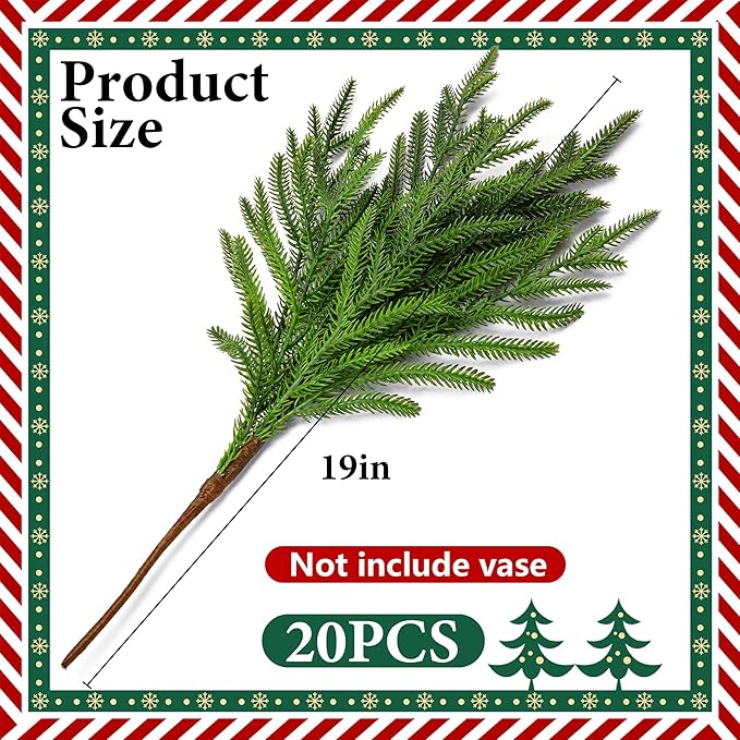 20 Pcs Christmas Norfolk Pine Branches, 19" Extra Length Artificial Xmas Branches Plants Pine Needles, Fake Greenery Norfolk Pines Stems Sprigs for DIY Craft Garland Home Garden Decor
