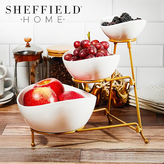 3 Tier Large Serving Bowls Set - Microwave & Dishwasher Safe Stoneware Fruit Bowl with Collapsible Gold Metal Stand - Bowls for Kitchen, Dinner Parties, Desserts, Chip and Dip & Side Dishes (White)