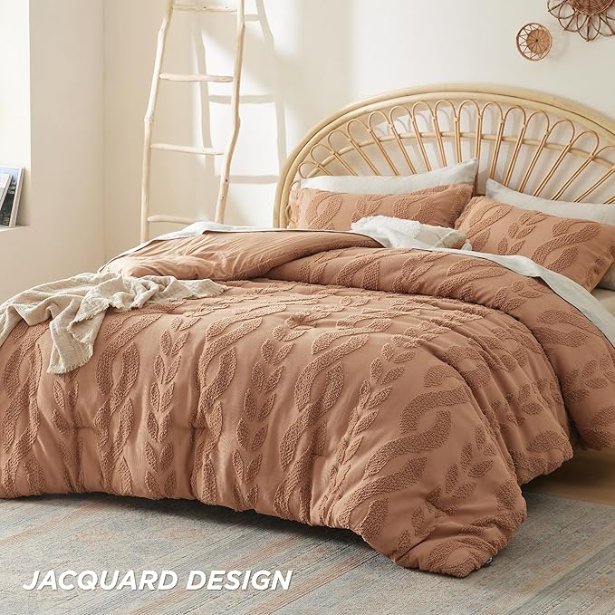 Bedsure King Size Comforter Set Taupe, Boho Tufted Bed Set, Farmhouse Jacquard Cable Knit Pattern Bedding, 3 Pieces, 1 Shabby Chic Fluffy Comforter & 2 Pillow Shams