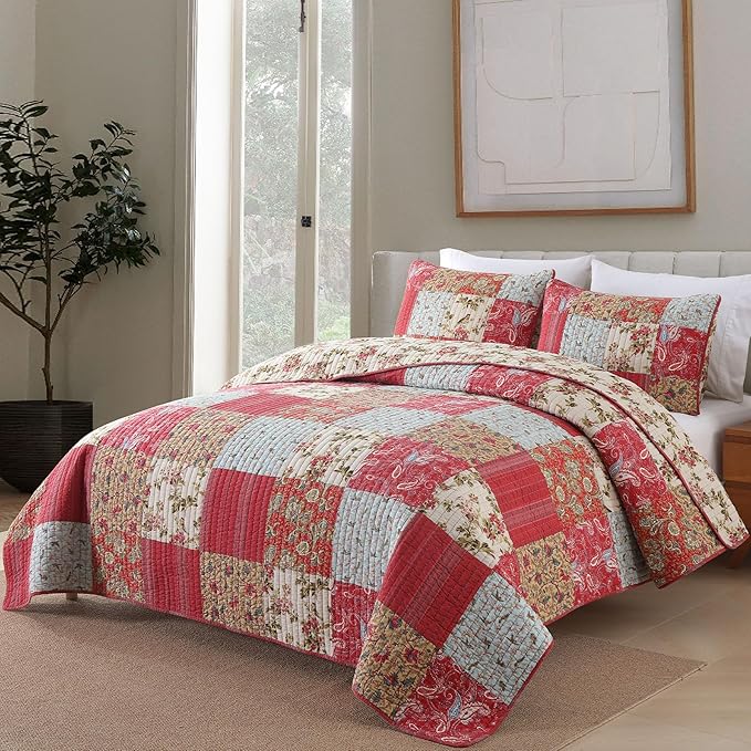 Secgo King Size Comforter Set- 100% Cotton Quilt King Size Set, Green, Sage bedspreads (96 * 108 Inch) with 2 Pillow Shams, Patchwork Reversible Lightweight Bedding