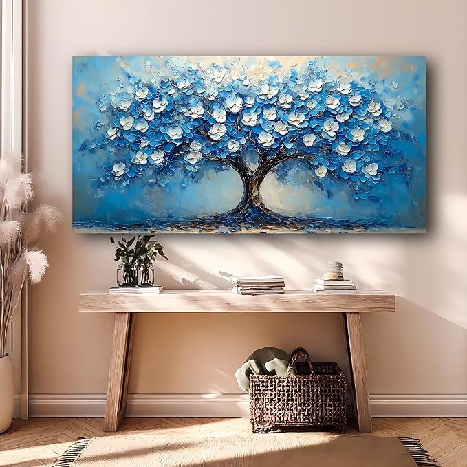 Abstract Wall Art Canvas Print Tree of Life Painting Blue Bathroom Decor Paintings Modern Style Living Room Bedroom Office Home Kitchen Decor Nature Landscape Artwork Wooden Frame 20x40 inches