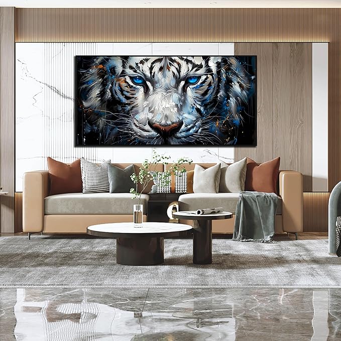ZHAOSHOP White Tiger Art Wall Decor for Living Room - Black and White Office Decor for Men - Black Framed Canvas Wall Art Size 29" x 59"