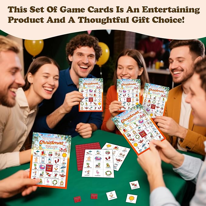 Hawaiian Christmas Bingo Games Cards, Summer Beach Party Game, Tropical Christmas Party Game Decor, Bingo Sets for Adults Large Group, Tropical Christmas Theme Party Activity Supplies -A02