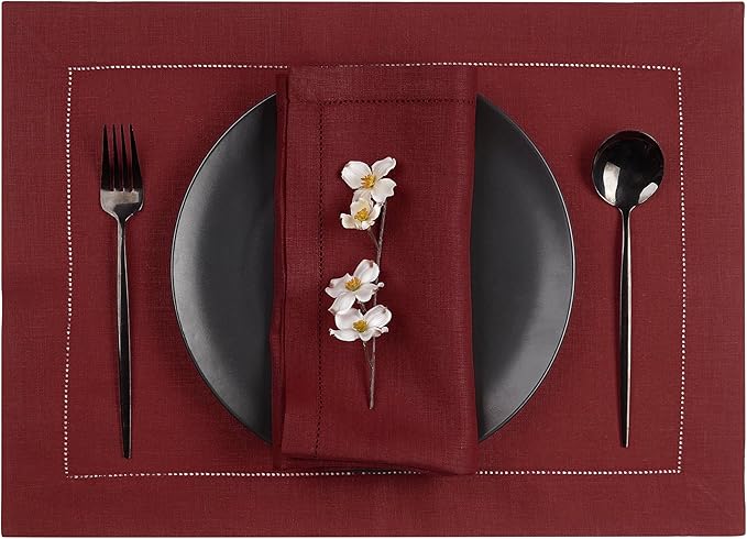 D'Moksha Homes Linen Placemats Set of 4 - Classic Hemstitch Dark Red Placemats 14 x 19 Inch - 100% Pure Linen Table Mats for Fall, Autumn and Halloween - Handcrafted and Machine Washable