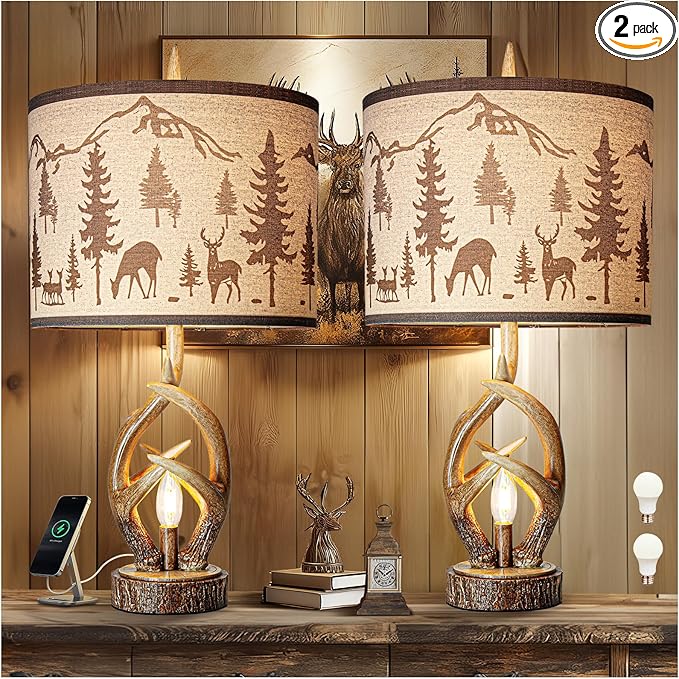 Scenekoy Antlers Style Table Lamp Set of 2 Rustic Bedside Lamp with Night Light Linen Fabric Shade Farmhouse Nightstand Lamps Decor for Living Room Bedroom House Home Office (Bulb Included)